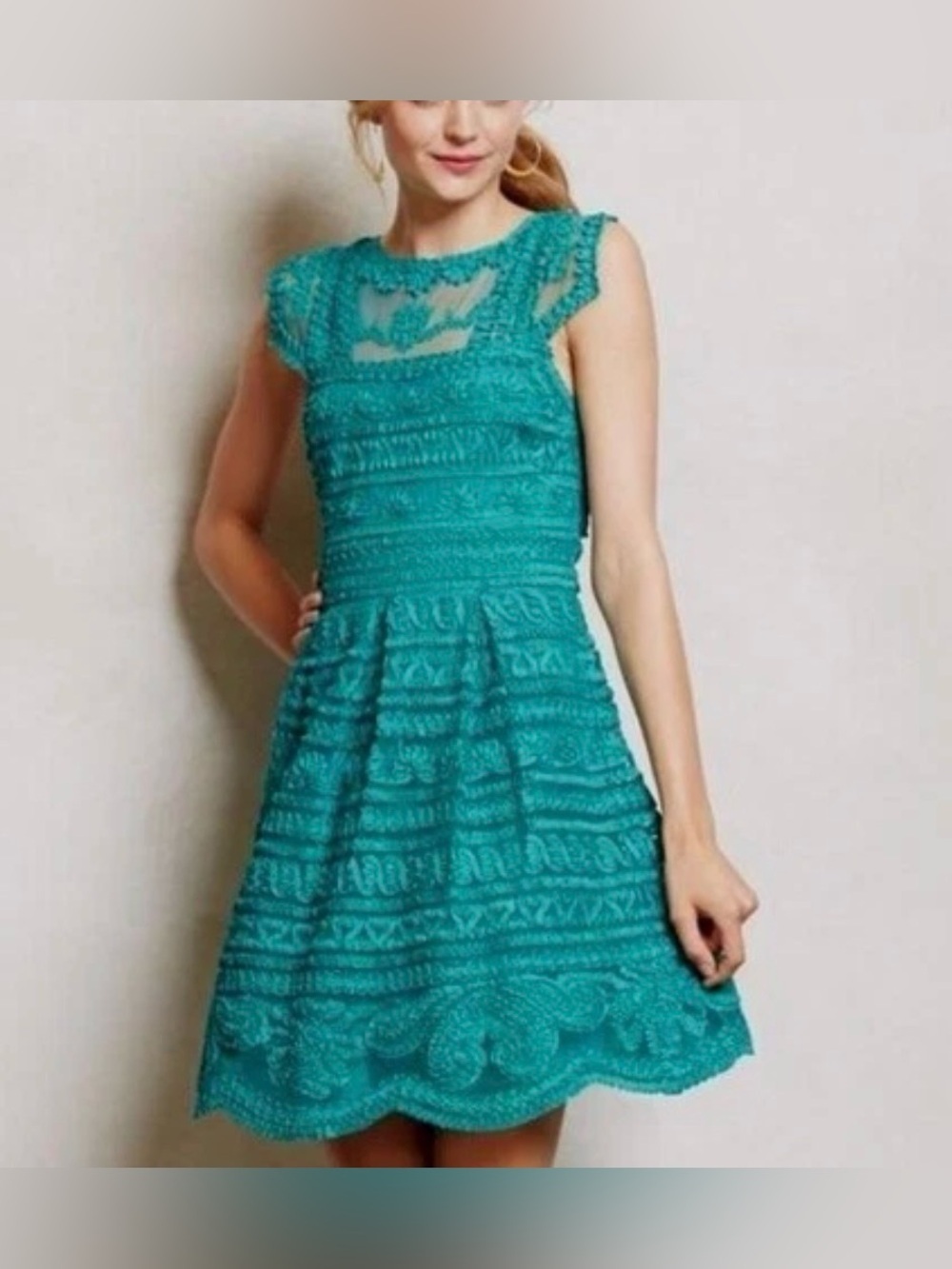 Anthropologie Yoana Baraschi Teal Embroidered Fit Flare Dress Womens 6P Petite